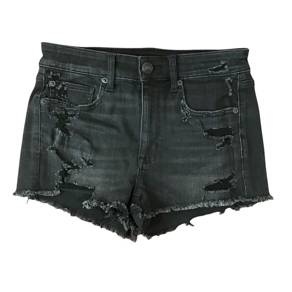 American Eagle Next Level Stretch Distressed High Rise Shortie Shorts Black SZ 6 - Picture 1 of 6